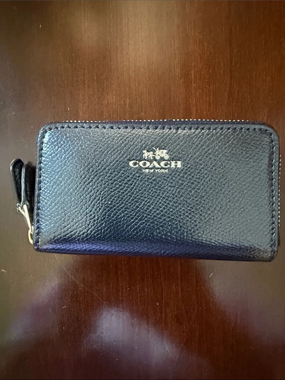 Coach Navy Blue Textured Leather 2 Zip Wallet with Gold Logo
